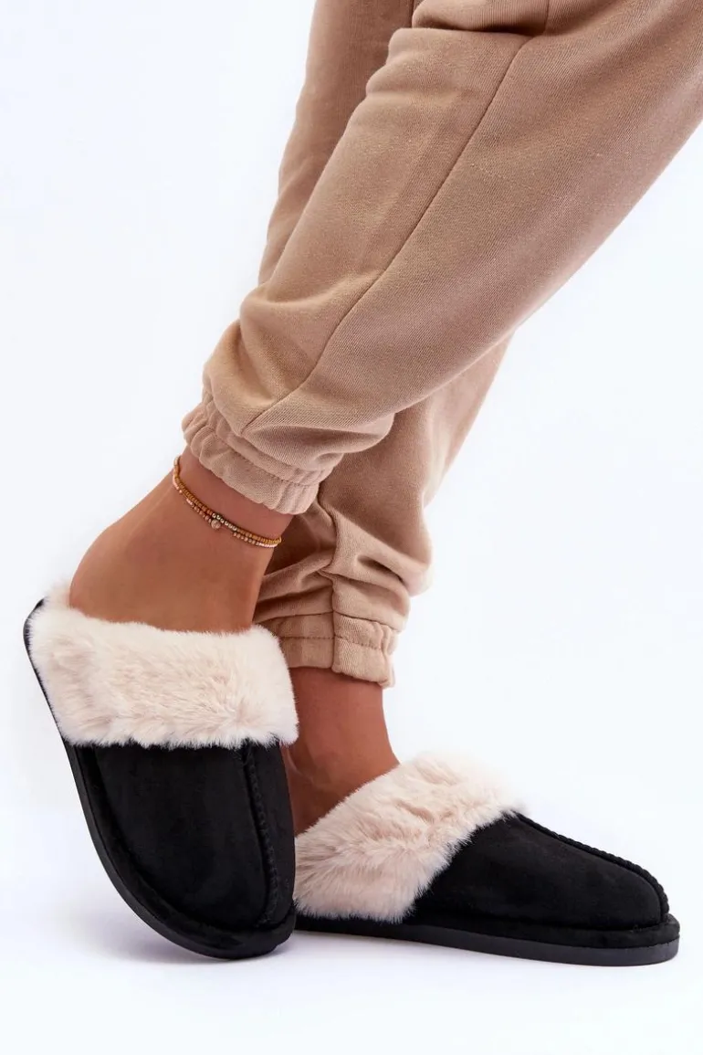 Damskie Papcie Klapki z Futerkiem Czarne Pinky