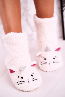 Damskie Papcie Ocieplane Kożuszkiem Ecru Nyan Cat