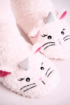 Damskie Papcie Ocieplane Kożuszkiem Ecru Nyan Cat