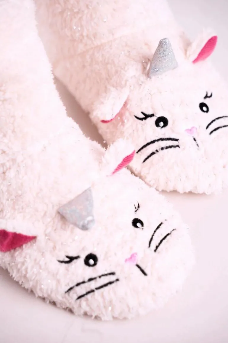 Damskie Papcie Ocieplane Kożuszkiem Ecru Nyan Cat