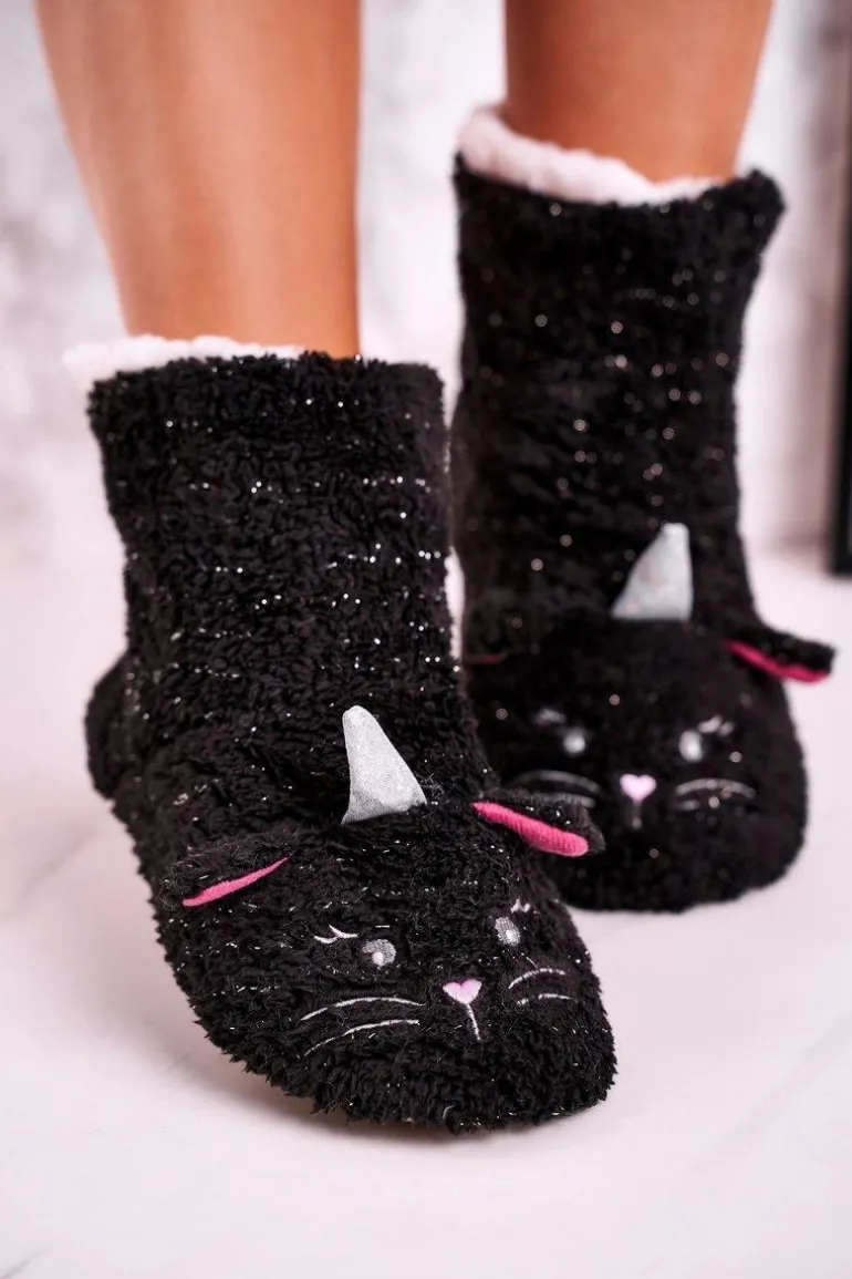 Damskie Papcie Ocieplane Kożuszkiem Czarne Nyan Cat