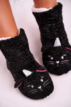 Damskie Papcie Ocieplane Kożuszkiem Czarne Nyan Cat
