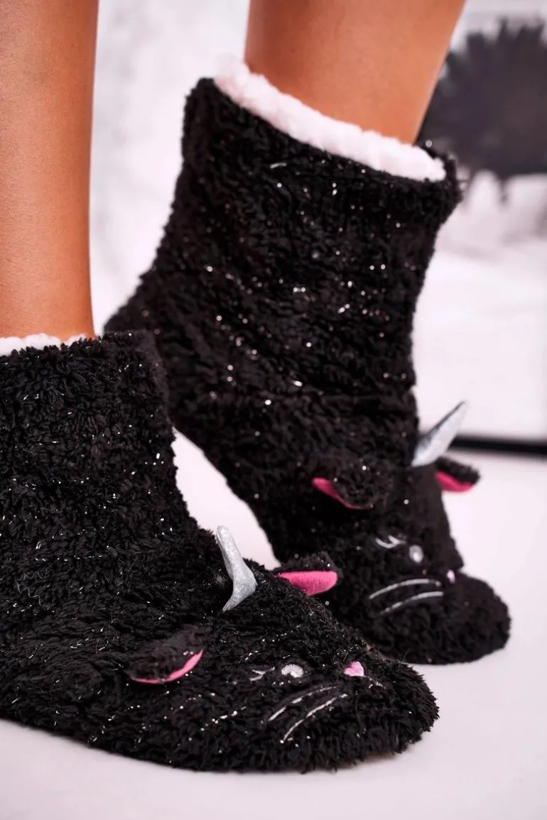 Damskie Papcie Ocieplane Kożuszkiem Czarne Nyan Cat