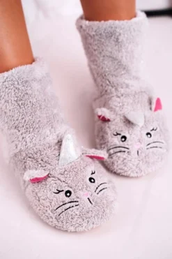 Damskie Papcie Ocieplane Kożuszkiem Szare Nyan Cat