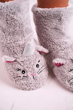 Damskie Papcie Ocieplane Kożuszkiem Szare Nyan Cat
