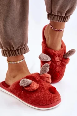 Damskie Papcie Z Futerkiem I Reniferem Czerwone Sopya