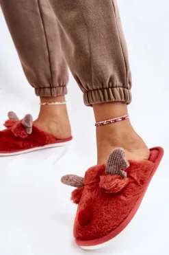 Damskie Papcie Z Futerkiem I Reniferem Czerwone Sopya