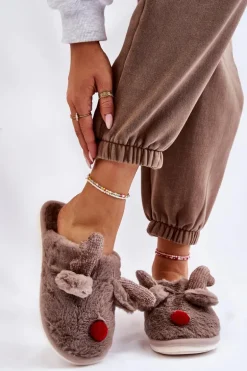 Damskie Papcie Z Futerkiem I Reniferem Szare Sopya