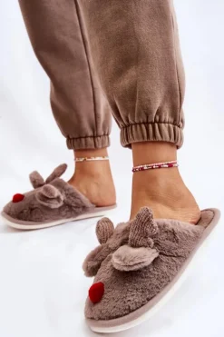 Damskie Papcie Z Futerkiem I Reniferem Szare Sopya