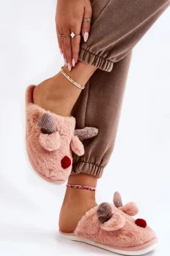 Damskie Papcie Z Futerkiem I Reniferem Różowe Sopya