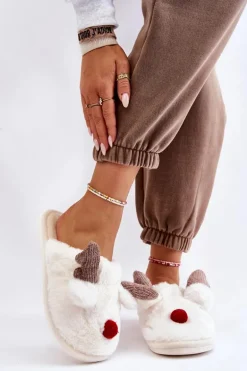 Damskie Papcie Z Futerkiem I Reniferem Kremowe Sopya