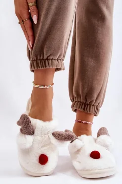 Damskie Papcie Z Futerkiem I Reniferem Kremowe Sopya