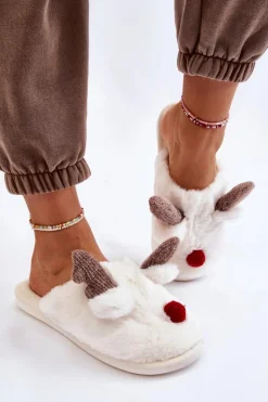 Damskie Papcie Z Futerkiem I Reniferem Kremowe Sopya