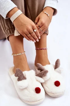 Damskie Papcie Z Futerkiem I Reniferem Kremowe Sopya