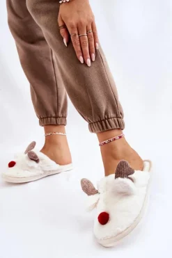 Damskie Papcie Z Futerkiem I Reniferem Kremowe Sopya