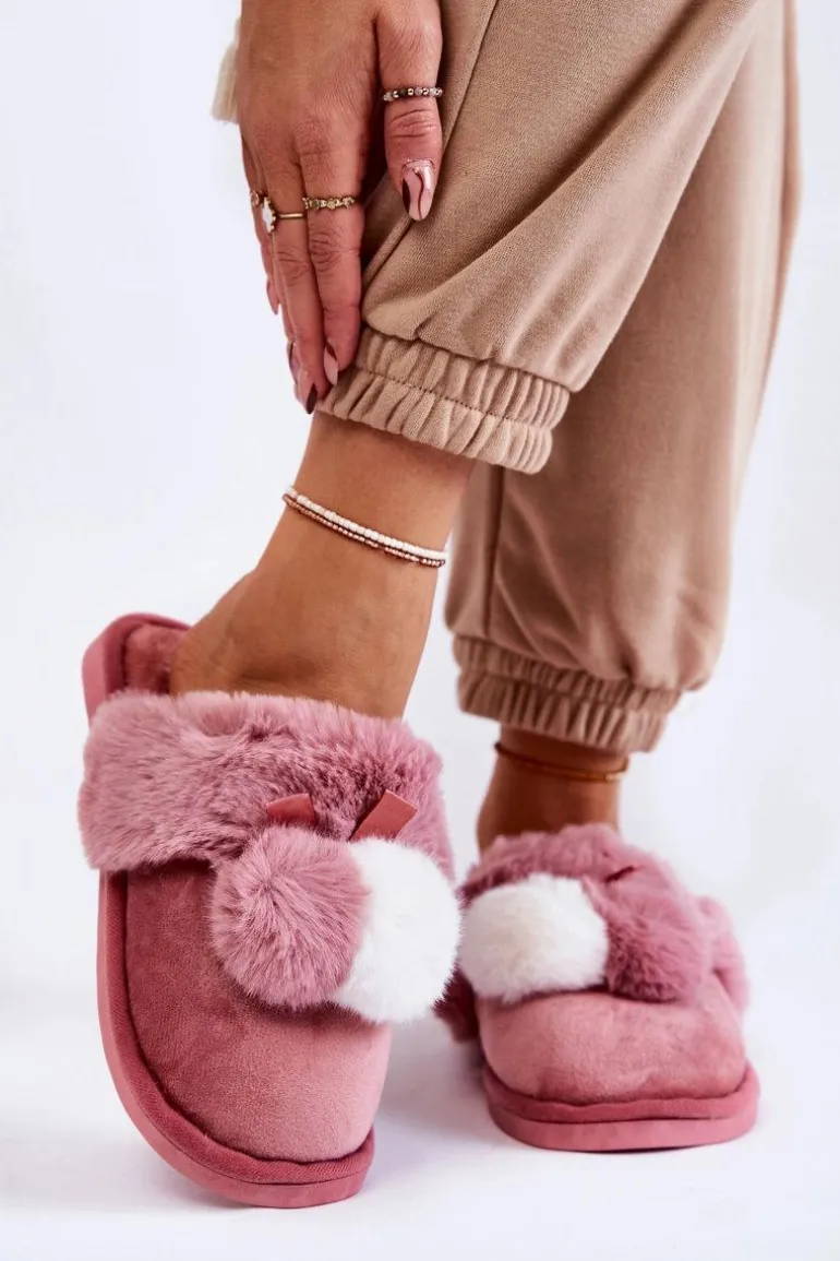 Damskie Papcie Z Pomponami I Futerkiem Różowe Sahira