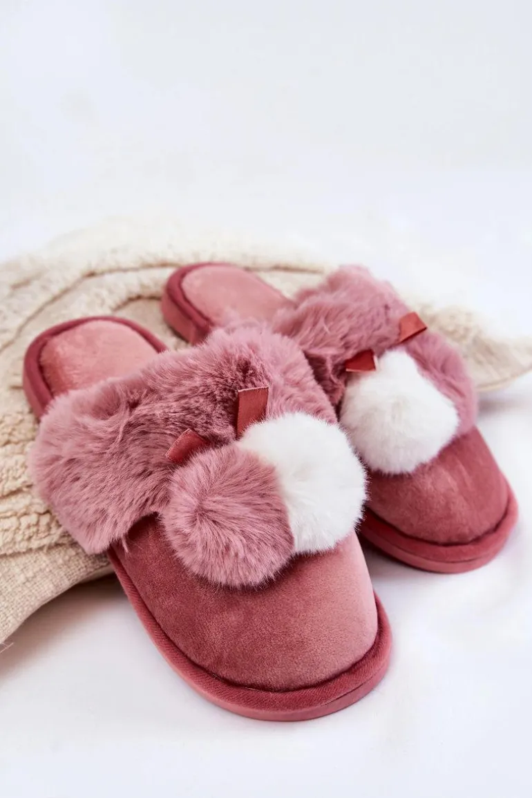 Damskie Papcie Z Pomponami I Futerkiem Różowe Sahira