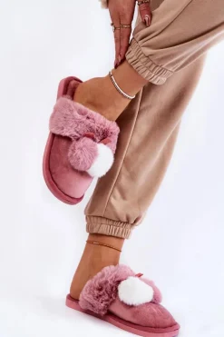 Damskie Papcie Z Pomponami I Futerkiem Różowe Sahira