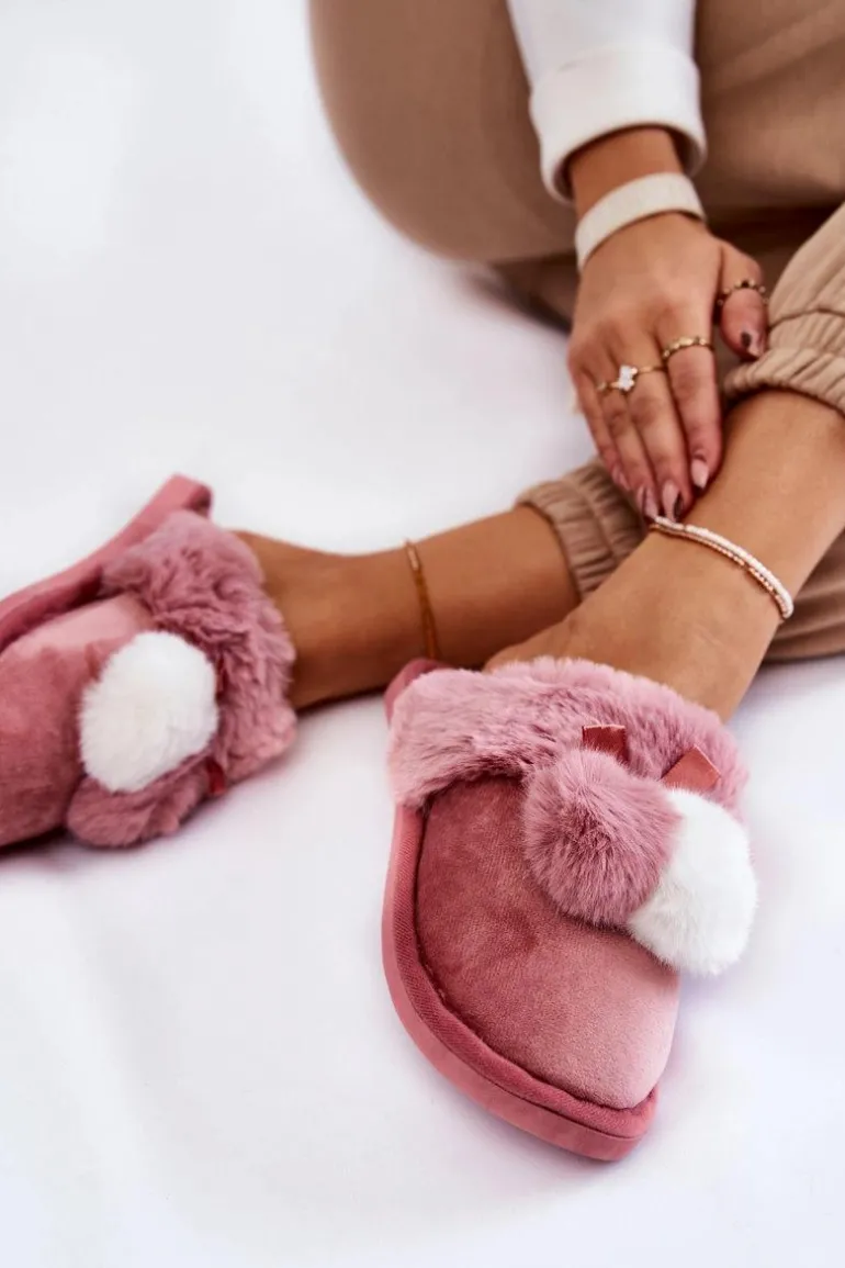 Damskie Papcie Z Pomponami I Futerkiem Różowe Sahira