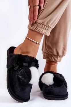 Damskie Papcie Z Pomponami I Futerkiem Czarne Sahira