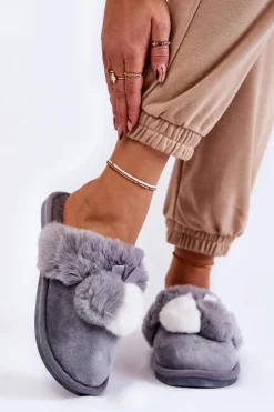 Damskie Papcie Z Pomponami I Futerkiem Szare Sahira
