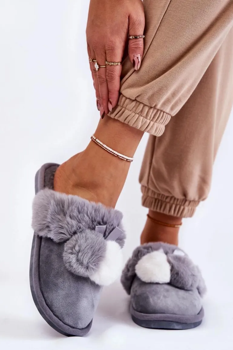 Damskie Papcie Z Pomponami I Futerkiem Szare Sahira