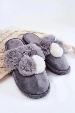 Damskie Papcie Z Pomponami I Futerkiem Szare Sahira