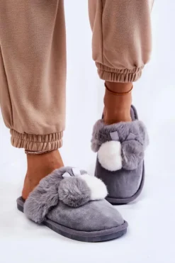 Damskie Papcie Z Pomponami I Futerkiem Szare Sahira