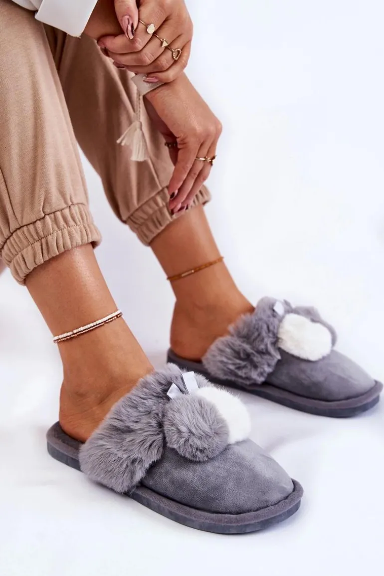 Damskie Papcie Z Pomponami I Futerkiem Szare Sahira