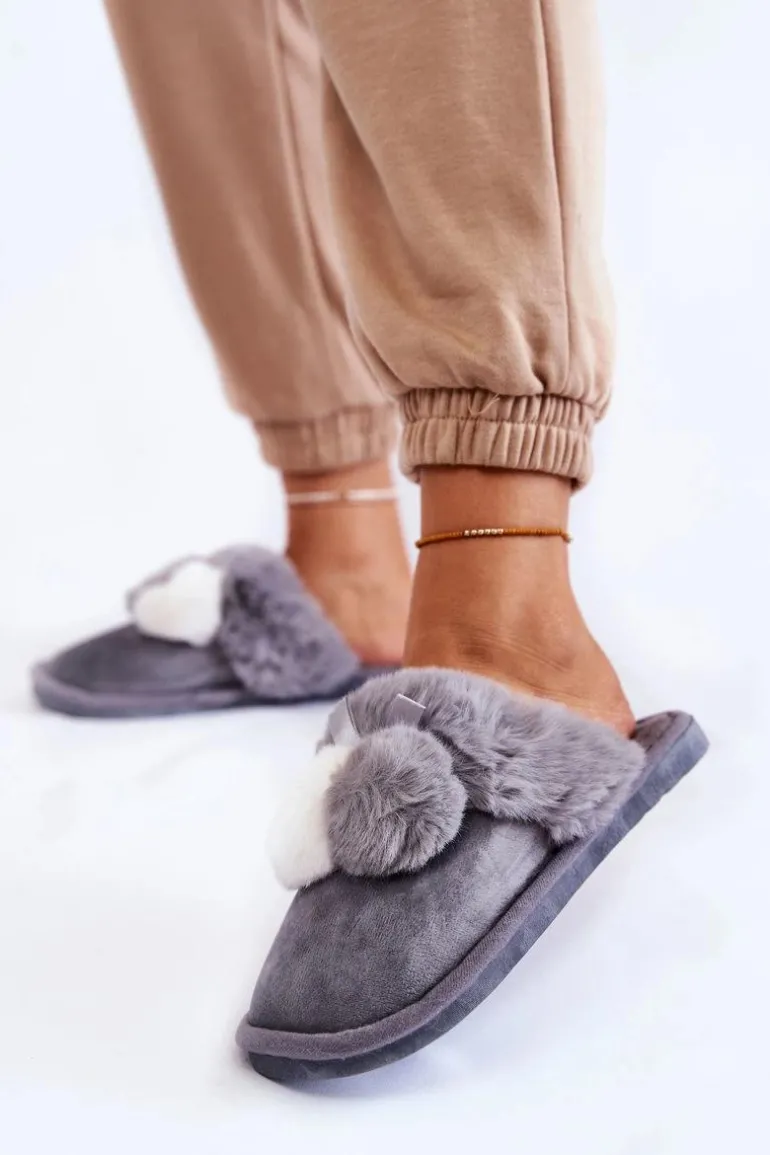 Damskie Papcie Z Pomponami I Futerkiem Szare Sahira