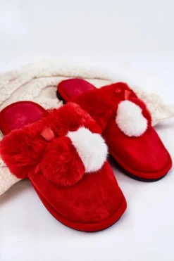 Damskie Papcie Z Pomponami I Futerkiem Czerwone Sahira