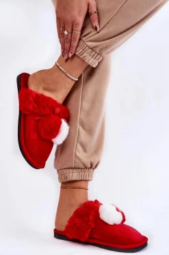 Damskie Papcie Z Pomponami I Futerkiem Czerwone Sahira