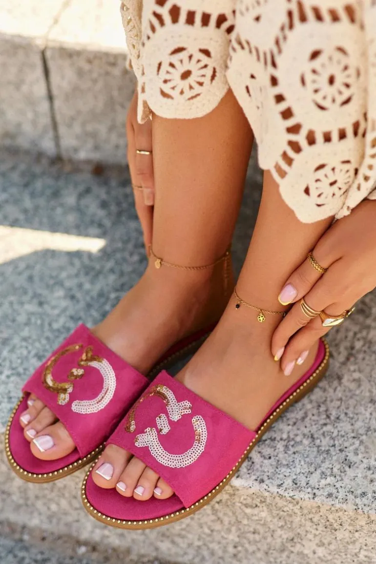 Damskie Płaskie Klapki Z Cekinami S.Barski KV27-052 Fuksja