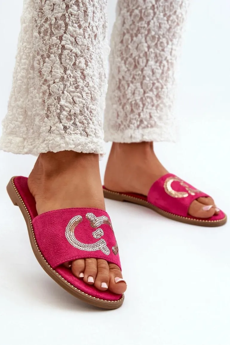 Damskie Płaskie Klapki Z Cekinami S.Barski KV27-052 Fuksja