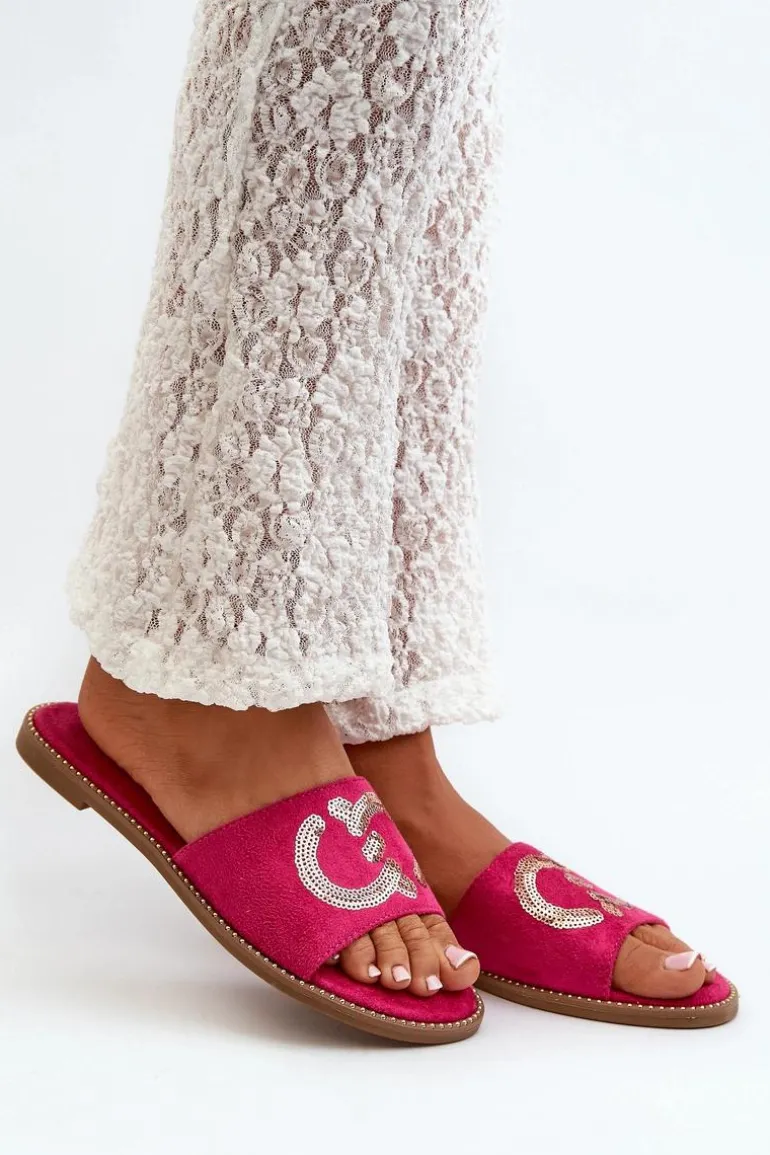 Damskie Płaskie Klapki Z Cekinami S.Barski KV27-052 Fuksja