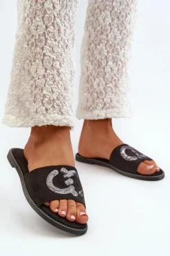 Damskie Płaskie Klapki Z Cekinami S.Barski KV27-052 Czarne