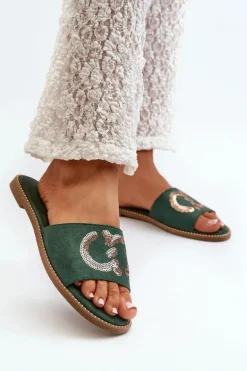 Damskie Płaskie Klapki Z Cekinami S.Barski KV27-052 Zielone