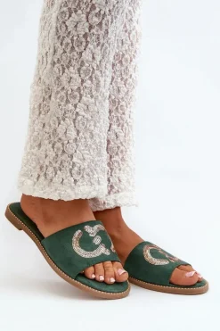 Damskie Płaskie Klapki Z Cekinami S.Barski KV27-052 Zielone