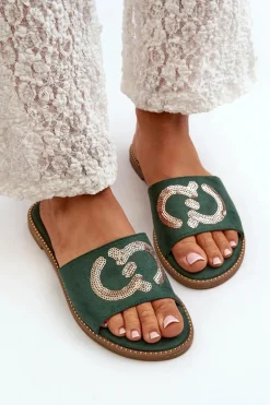 Damskie Płaskie Klapki Z Cekinami S.Barski KV27-052 Zielone