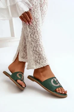 Damskie Płaskie Klapki Z Cekinami S.Barski KV27-052 Zielone