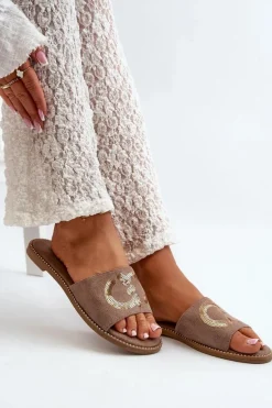 Damskie Płaskie Klapki Z Cekinami S.Barski KV27-052 Brązowe