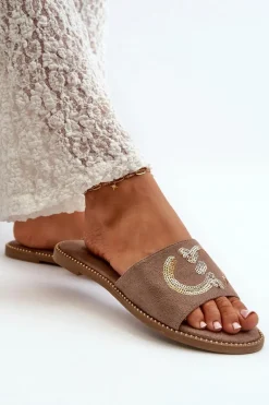 Damskie Płaskie Klapki Z Cekinami S.Barski KV27-052 Brązowe