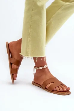 Damskie Płaskie Klapki Z Wycięciami Brązowe Fiviama