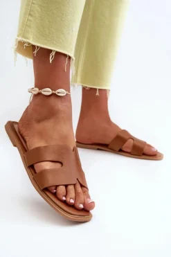 Damskie Płaskie Klapki Z Wycięciami Brązowe Fiviama