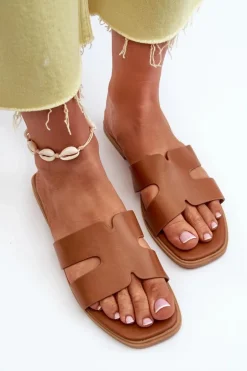 Damskie Płaskie Klapki Z Wycięciami Brązowe Fiviama