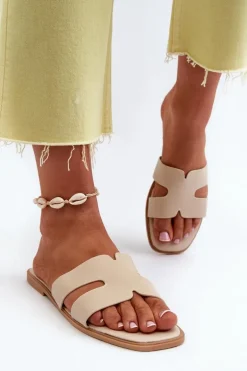 Damskie Płaskie Klapki Z Wycięciami Beżowe Fiviama