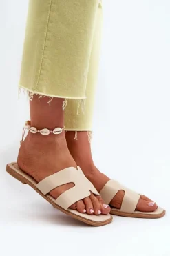 Damskie Płaskie Klapki Z Wycięciami Beżowe Fiviama