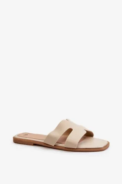 Damskie Płaskie Klapki Z Wycięciami Beżowe Fiviama