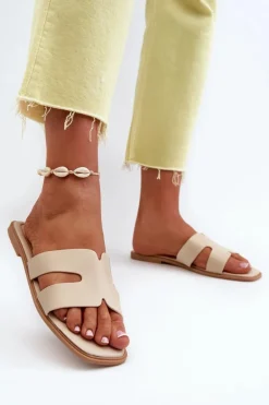 Damskie Płaskie Klapki Z Wycięciami Beżowe Fiviama