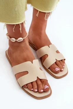 Damskie Płaskie Klapki Z Wycięciami Beżowe Fiviama